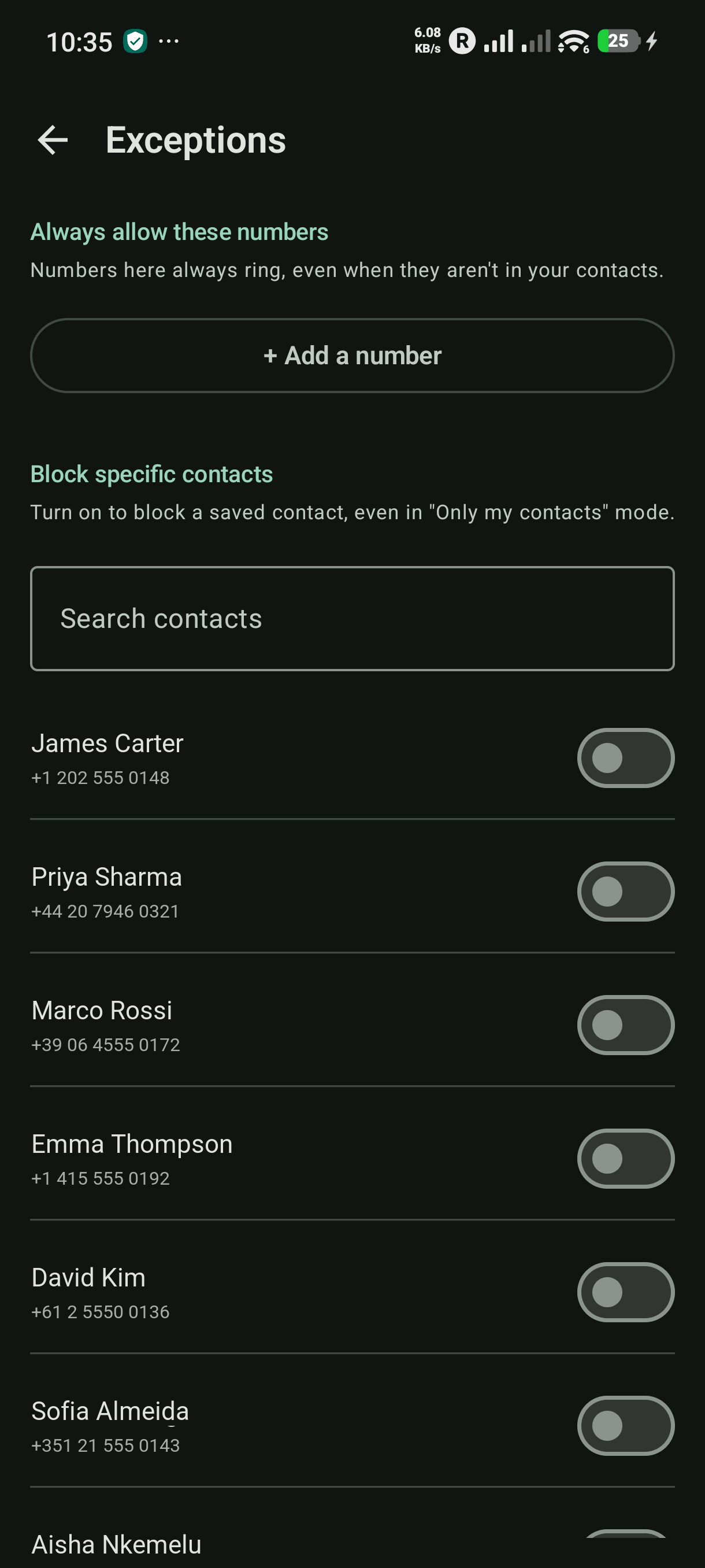 Exceptions — allow or block specific numbers