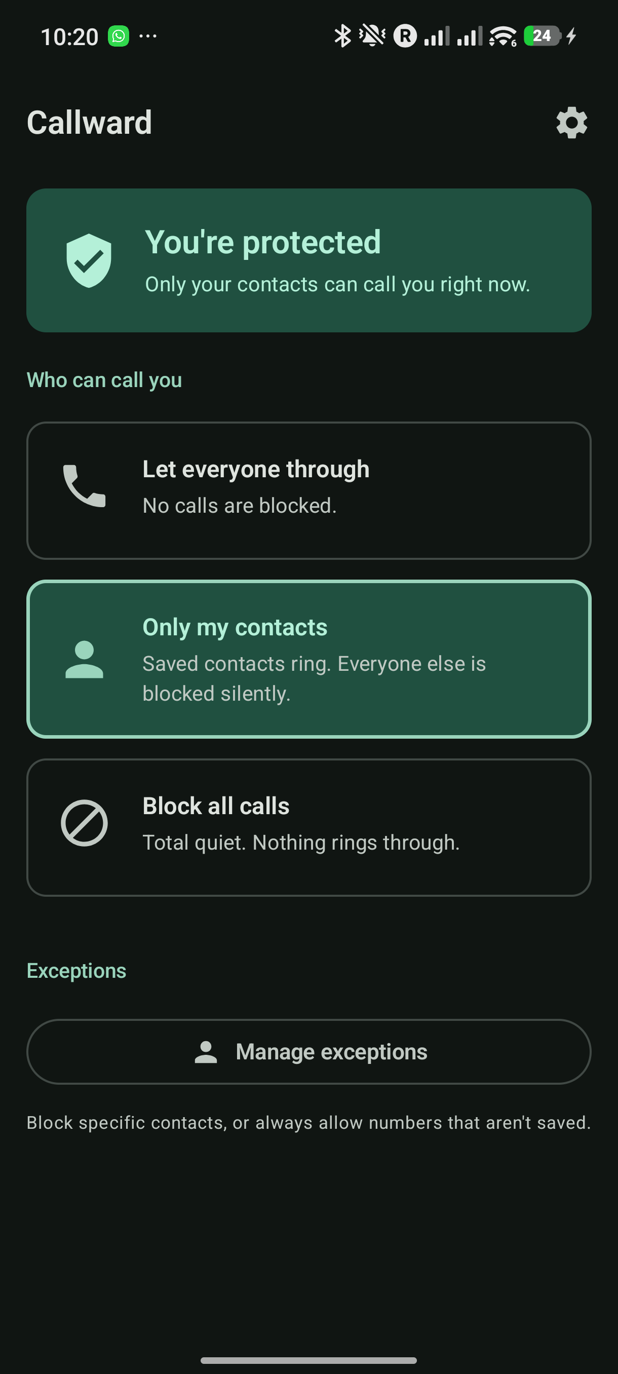 Callward home screen showing “You’re protected — only your contacts can call you.”
