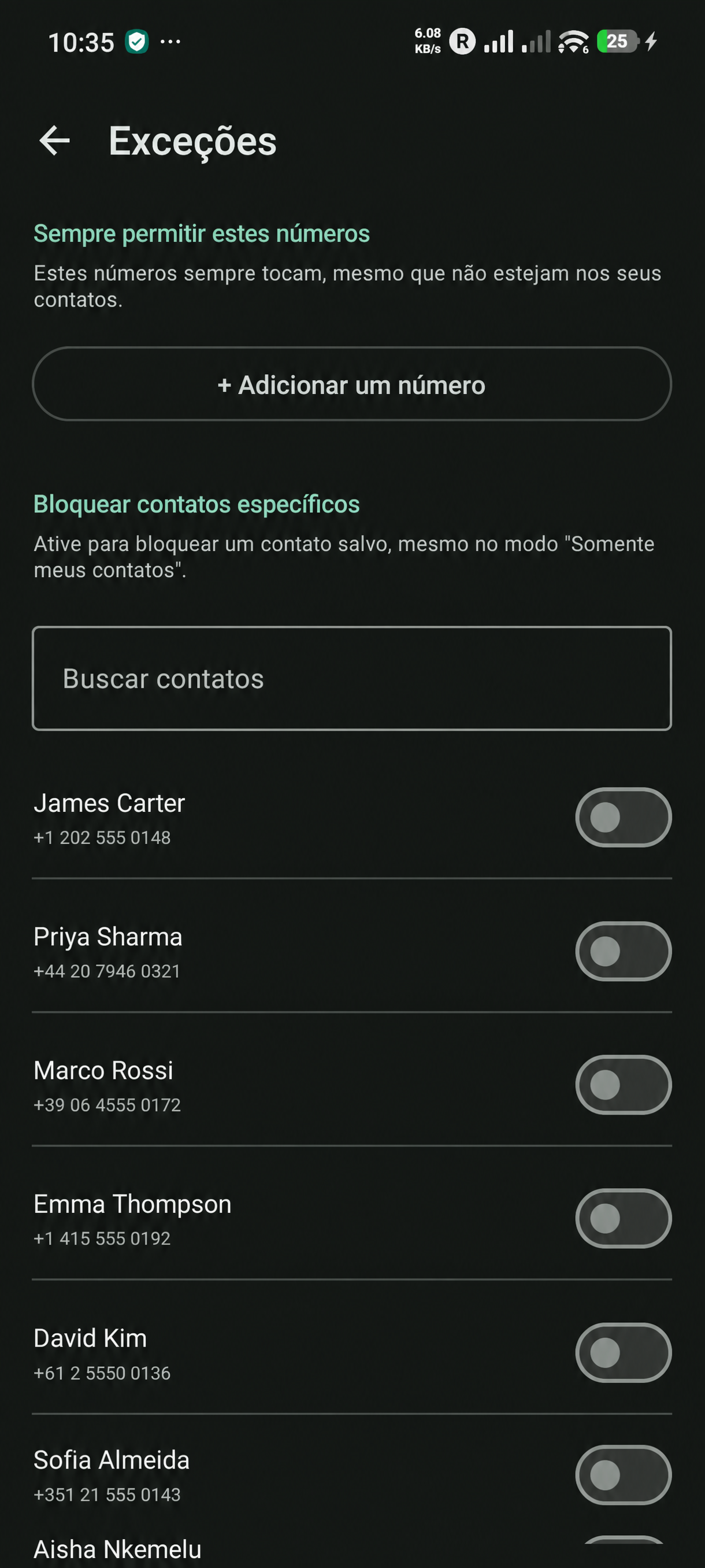 Exceções — permitir ou bloquear números específicos