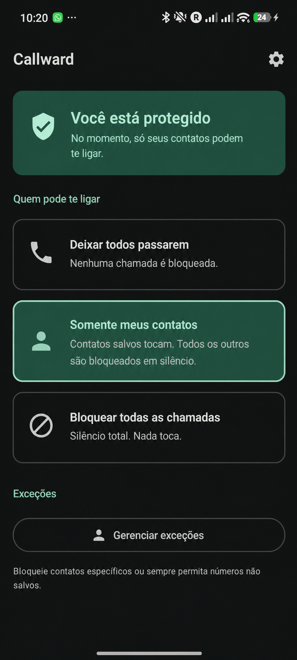 Tela inicial do Callward mostrando “Você está protegido — só seus contatos podem te ligar.”